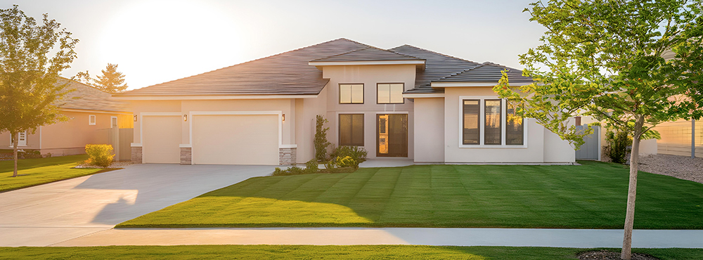 a large brick building with grass in front of a house